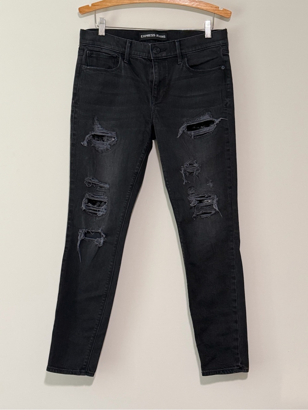 Express Charcoal Black Ripped with Sequin Patches Skinny Jeans